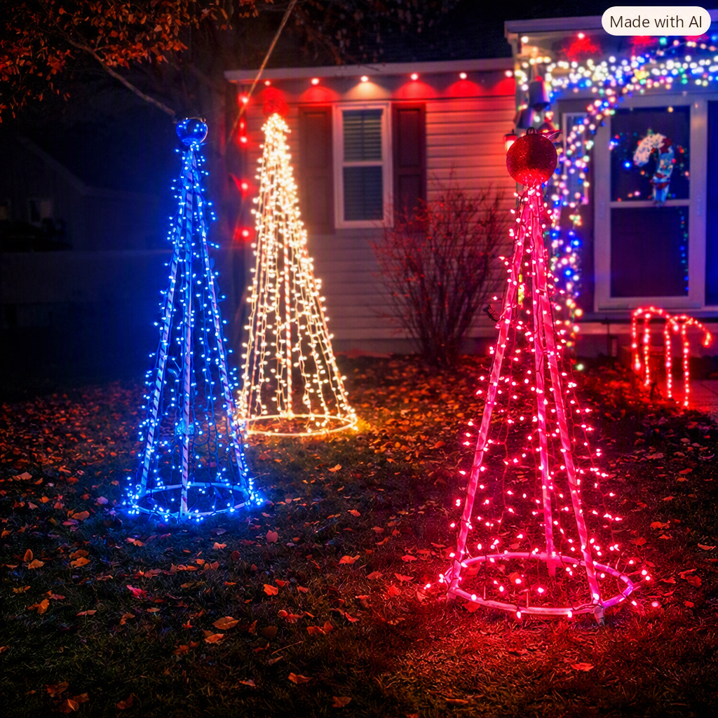 Blue, warm white, and red lighted cone trees in a front yard display