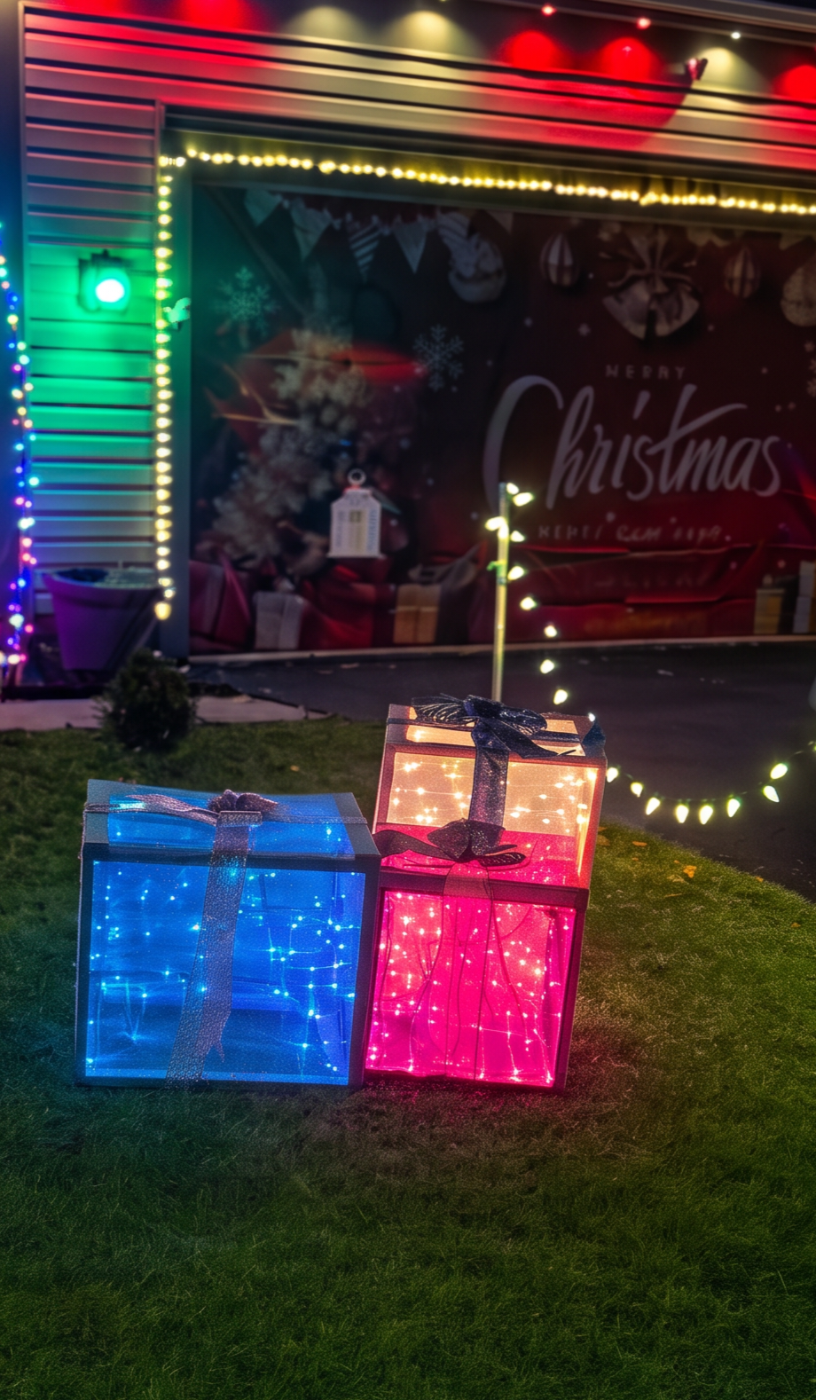 Illuminated blue, pink, and warm white gift box decorations on a lit lawn