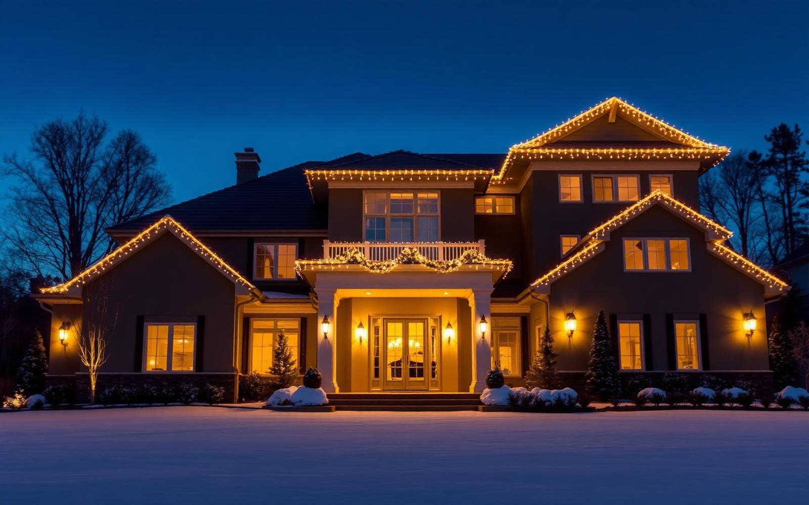Luxury residential estate at twilight with professional warm white holiday lighting